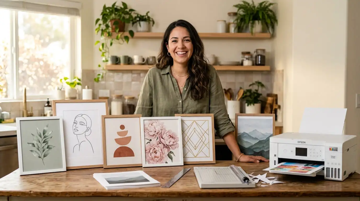 Mujer latina fabricando cuadros decorativos desde casa con impresora